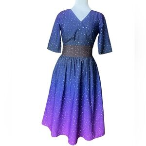 Wayward Fancies by eShakti Star Print Blue Purple Fit and Flare Midi Dress XS